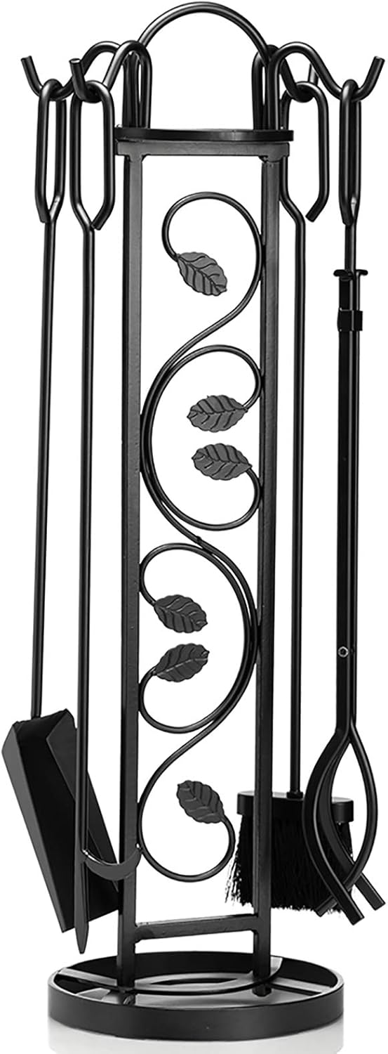 DOEWORKS 5 Pieces Fireplace Tools Sets with Handles Wrought Iron Fire Tool Set for Indoor Fireplace and Outdoor Fire Pit (Stand, Poker, Tongs, Shovel, Brush)