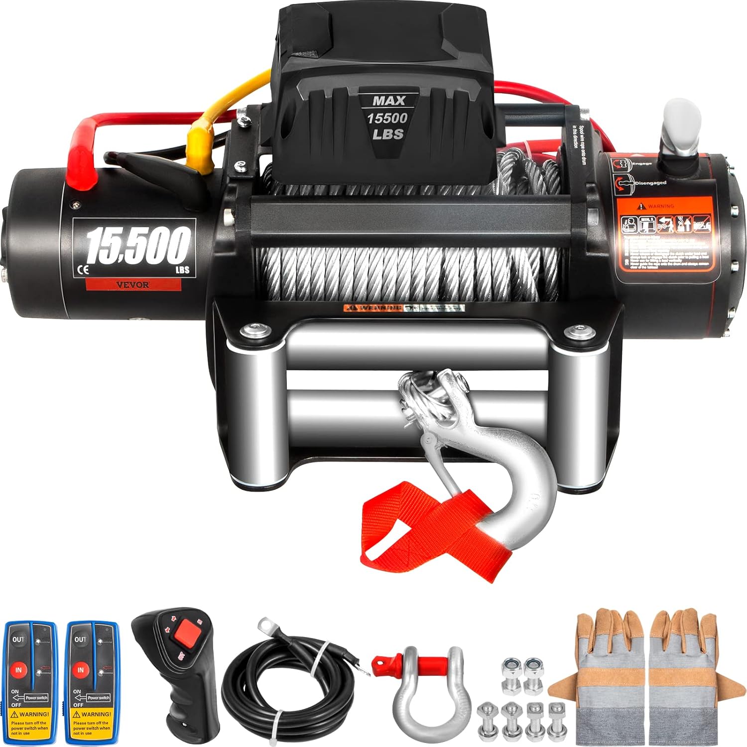 VEVOR Truck Winch 15500lb Load Capacity Cable Steel with Wireless Remote Control 12V Waterproof IP67