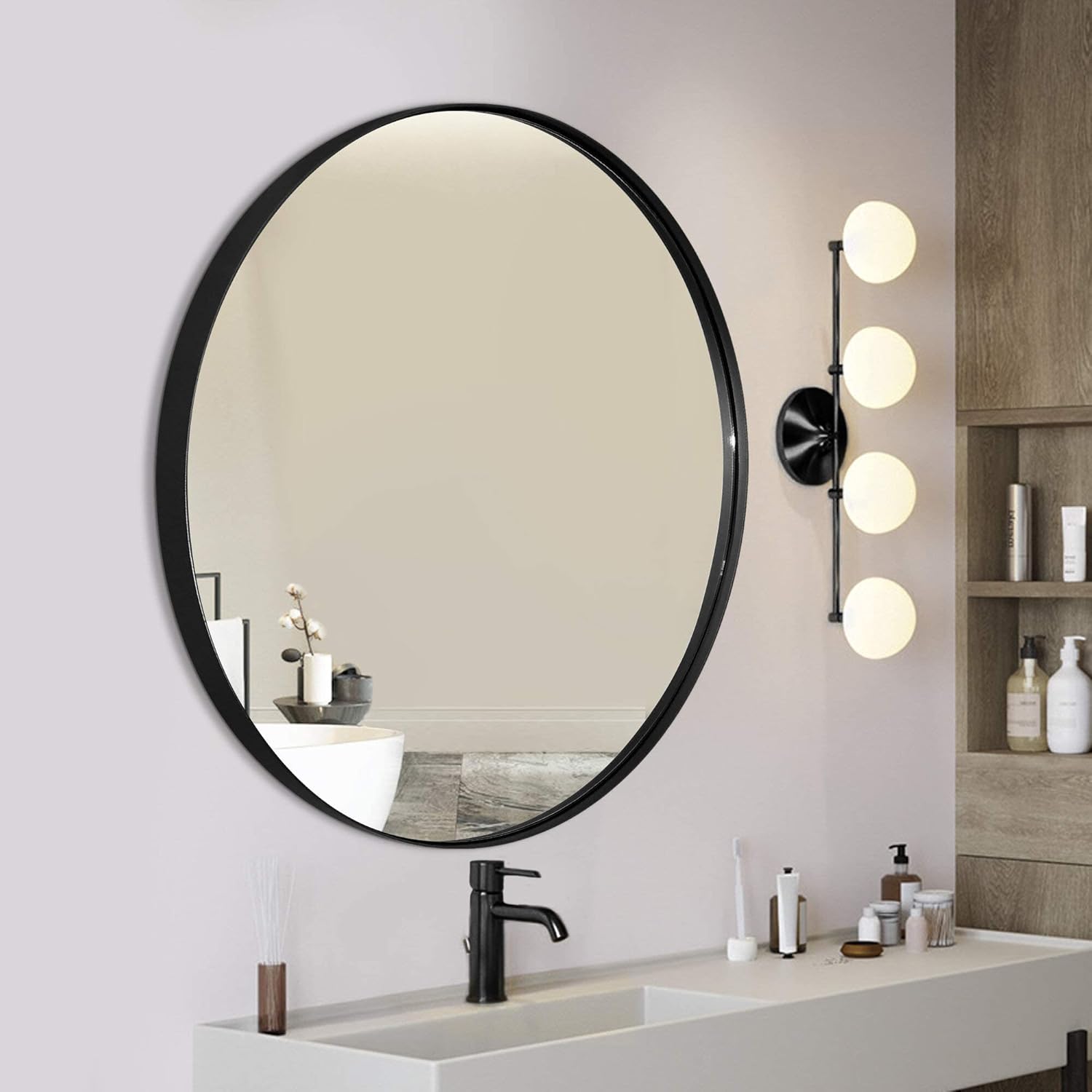 MOTINI Large Round Wall Mirror Black Circle Mirror 30 Inch, Stainless Steel Metal Frame Wall Mounted for Bathroom Bedroom Vanity Living Room Entryway