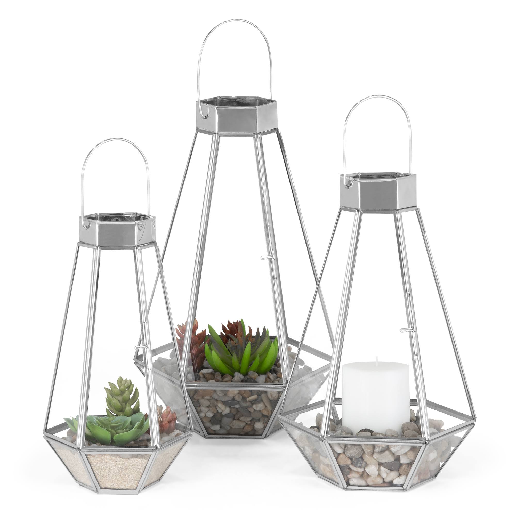 Best Choice Products Set of 3 Indoor Outdoor Decorative Metal Faceted Hurricane Candle Lanterns w/ Clear Glass - Nickel