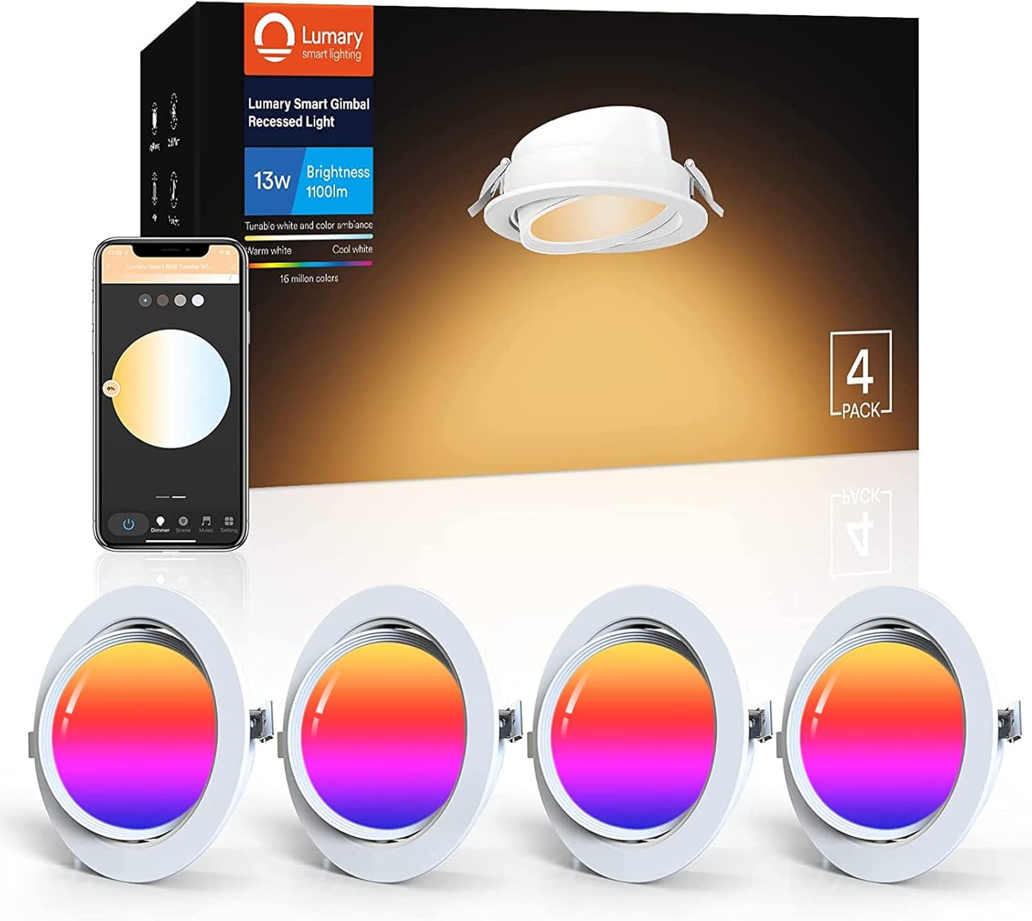 6 Inch Smart Gimbal Recessed Lighting - 13W 1100LM RGBWW Cool & Warm White Gimbal Recessed Light Dimmable WiFi App & Voice Control Work with Alexa/Google Assistant 4 Pack (No Junction Box Need)