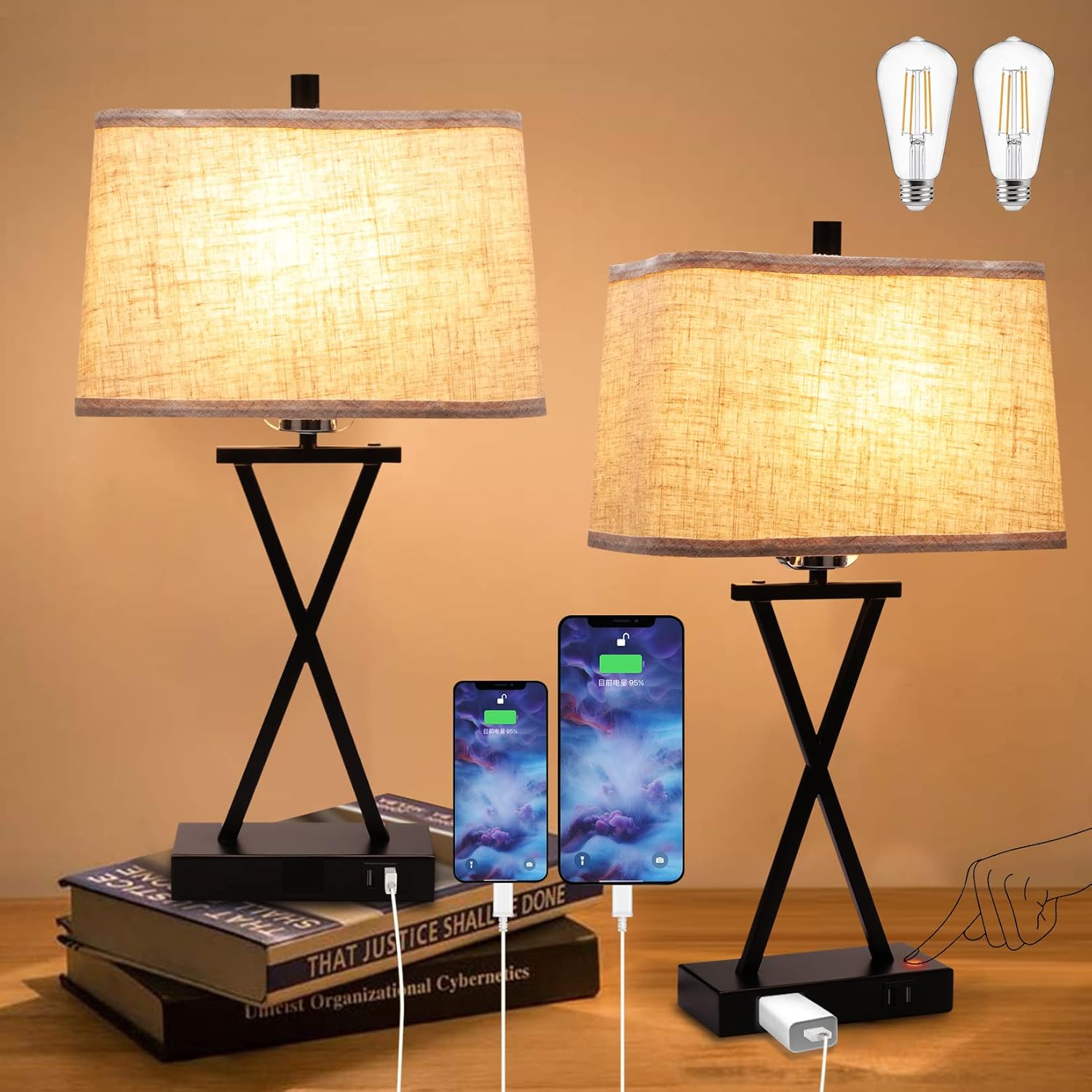 Set of 2 Touch Control Table Lamps with USB Ports and AC Outlet, 3-Way Dimmable Bedside Lamps with Fabric Shade for Living Room, Bedroom and Office(Bulbs Included)