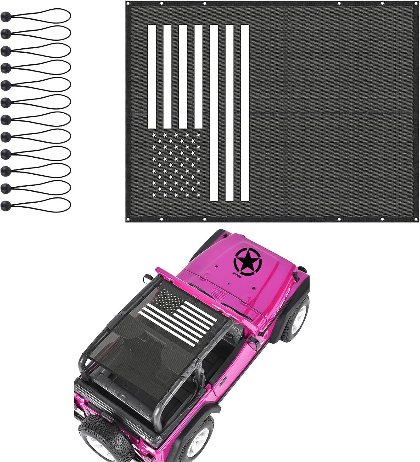 Jeep Wrangler YJ (1987-1995) & Jeep Wrangler TJ (1996-2006) - Full Length Mesh Sunshade for TJ and YJ 2 Doors - Blocks UV, Wind, Noise - Jeep Bikini Top for TJ and YJ (Black and White American Flag)