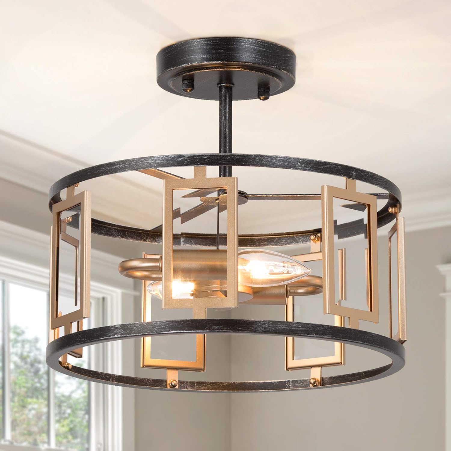 Optimant Lighting Modern Semi Flush Mount Ceiling Light Fixture,2-Light Close to Ceiling Lamps with Clear Glass for Hallway, Bedroom and Kitchen(Gold & Black Silver Brushed Finish)