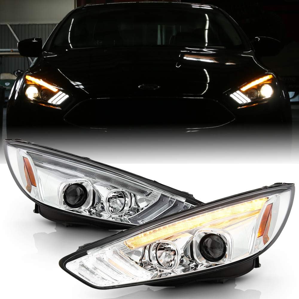ACANII - For [Halogen Model w/LED DRL] 2015-2018 Ford Focus Black Housing LED DRL Sequential Signal Projector Headlights