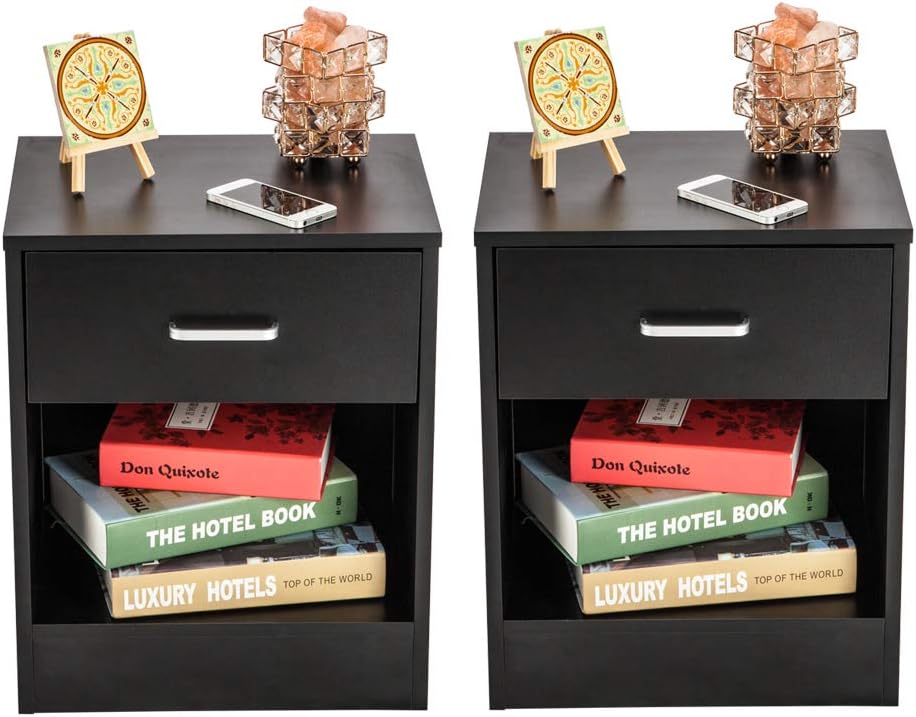 2pcs Night Stands with Drawer, Wood Accent Table Storage Shelf, Small, Black