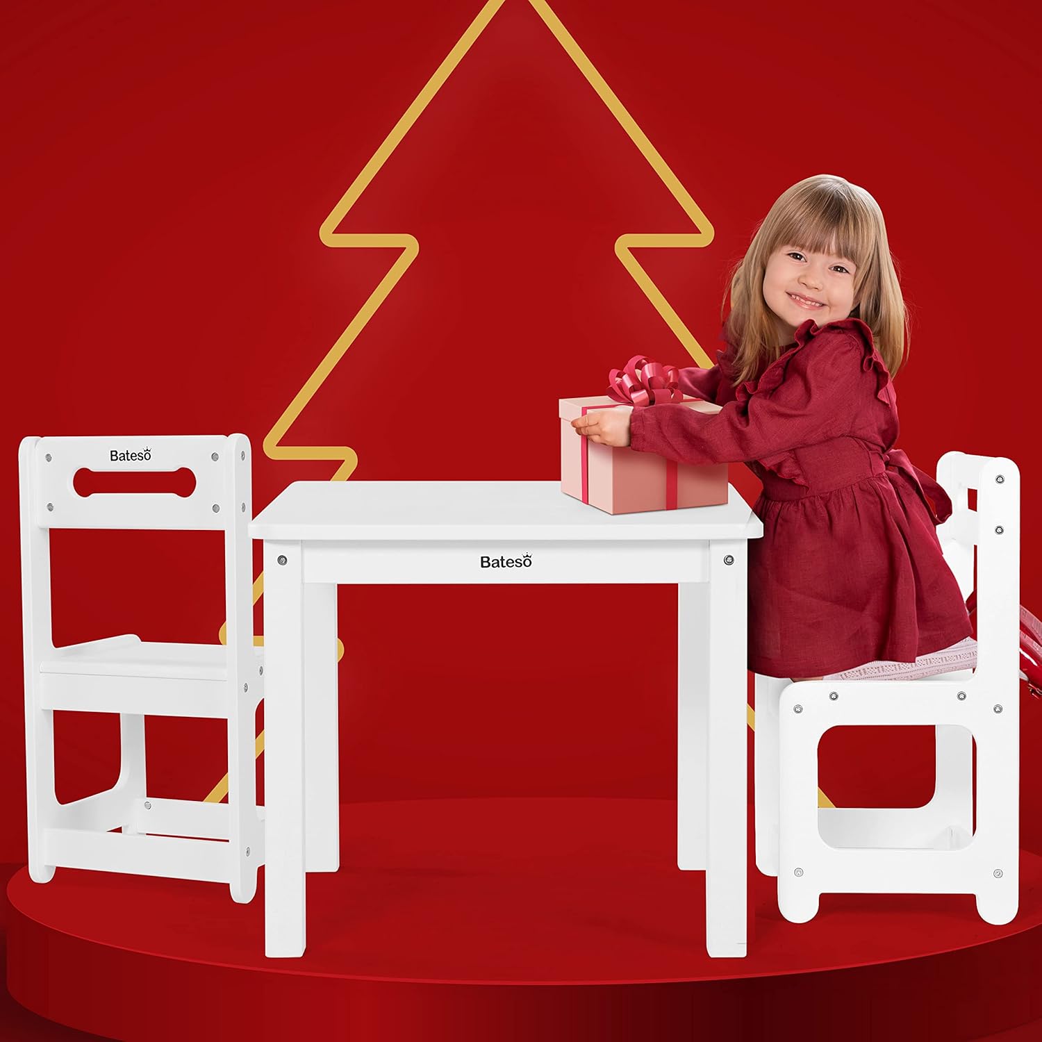 Bateso Kids Wooden Table & 2 Chairs Set for Eating, Learning, Activity, for Toddlers, Girls, Boys, 3 Piece Solid Children Wooden Furniture for Home, Classroom, Outside, White