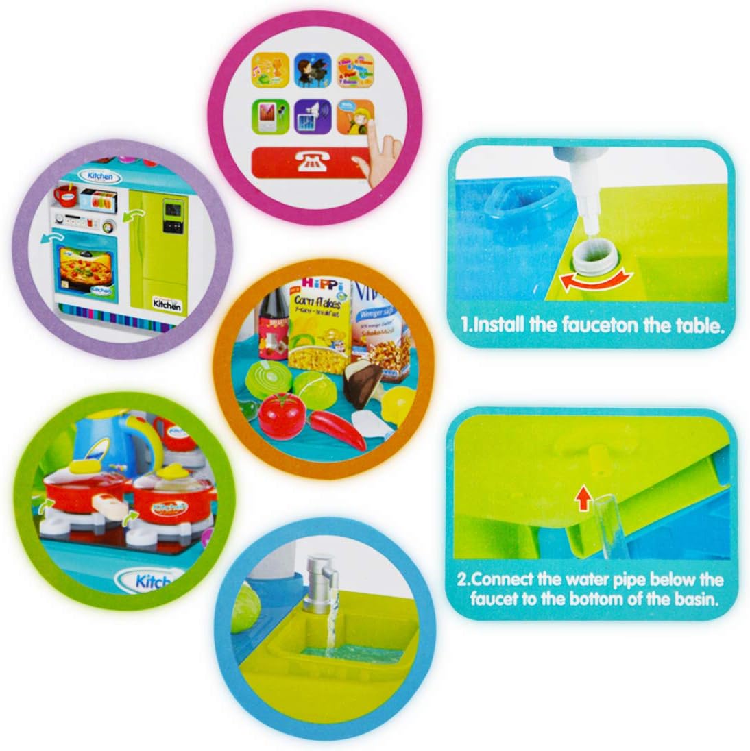 deAO My Little Chef Kitchen Playset Role Playing Game with Touchscreen Panel, Water Features and 50 Accessories Included (Pink)