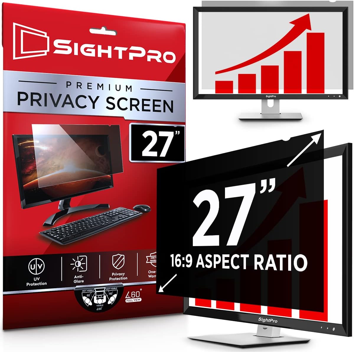 SightPro 27 Inch Computer Privacy Screen Filter for 16:9 Widescreen Monitor - Privacy and Anti-Glare Protector Pack of 2