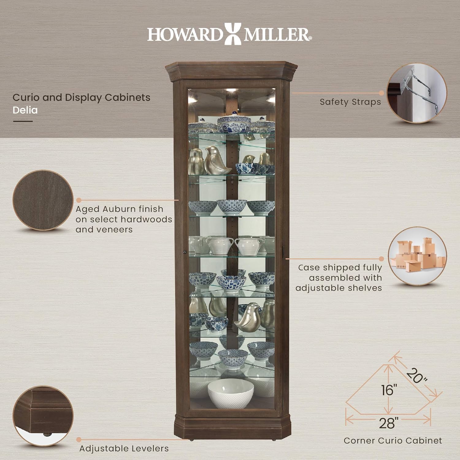 Howard Miller Delia Curio Cabinet 680-641 – Aged Auburn Finish, Vertical Home Decor, Seven Glass Shelves, Eight Level Display Case, Locking Door, No Reach Light