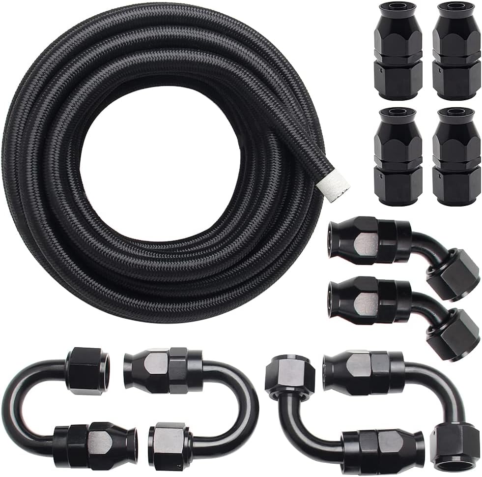 8AN 20Ft Universal Braided Oil Fuel Line Hose Stainless Steel Nylon CPE with 10PC Swivel Fitting Hose Ends Adapter Kit-Black Pack of 2