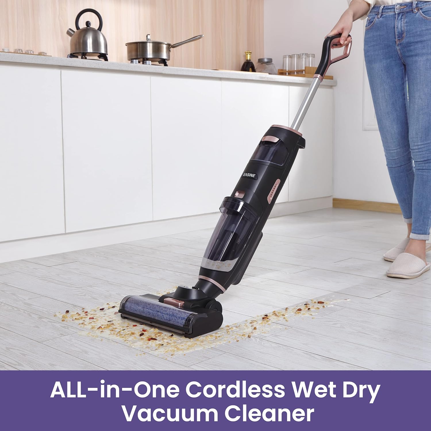 ILIFE EASINE W100 Cordless Stick Vacuum Cleaner, Lightweight Wet Dry Vacuum Cleaner, for Multi-Surface Floor Cleaning, One Button Self-Cleaning, LED Display,Long Runtime, for Hard Floor,Carpet, Black