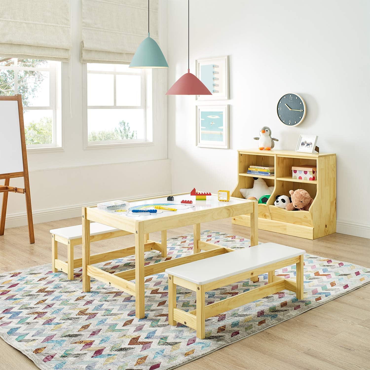 MUSEHOMEINC Kids Activity Table and Bench Set,Drawing and Painting Table for Study,Arts,Craft and Dining.3 in 1 Todder Play Table and Chair Set,Wooden Playroom and Learning Furniture