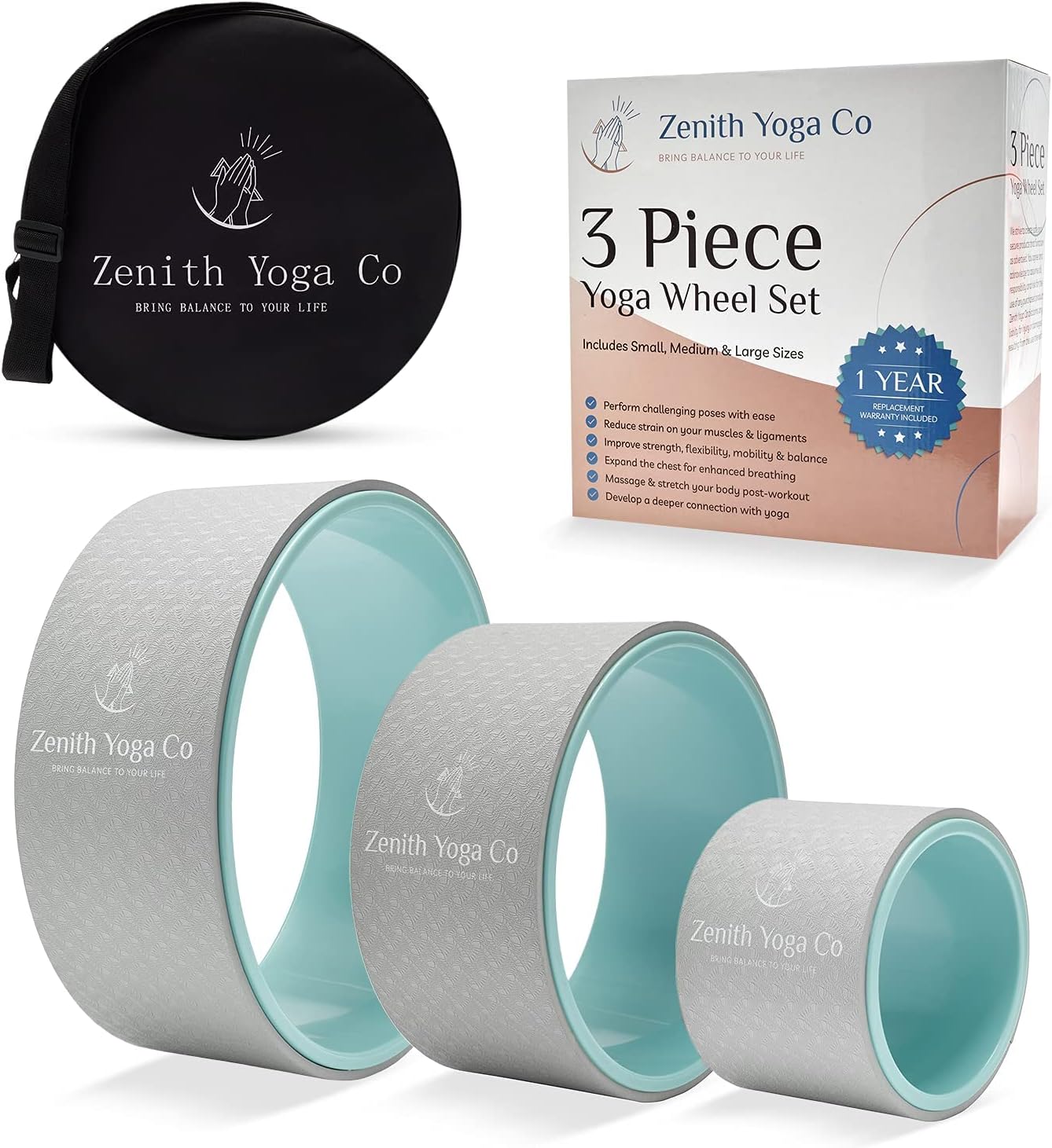 Zenith Yoga Co Yoga Wheel Set of 3 Yoga Wheel Set is Great for Back Pain Relief, Stretching and Assisting with Yoga Poses Deepen Your Yoga Practice with Foam Yoga Roller Kit 6, 10, 13 inch Pack of 2