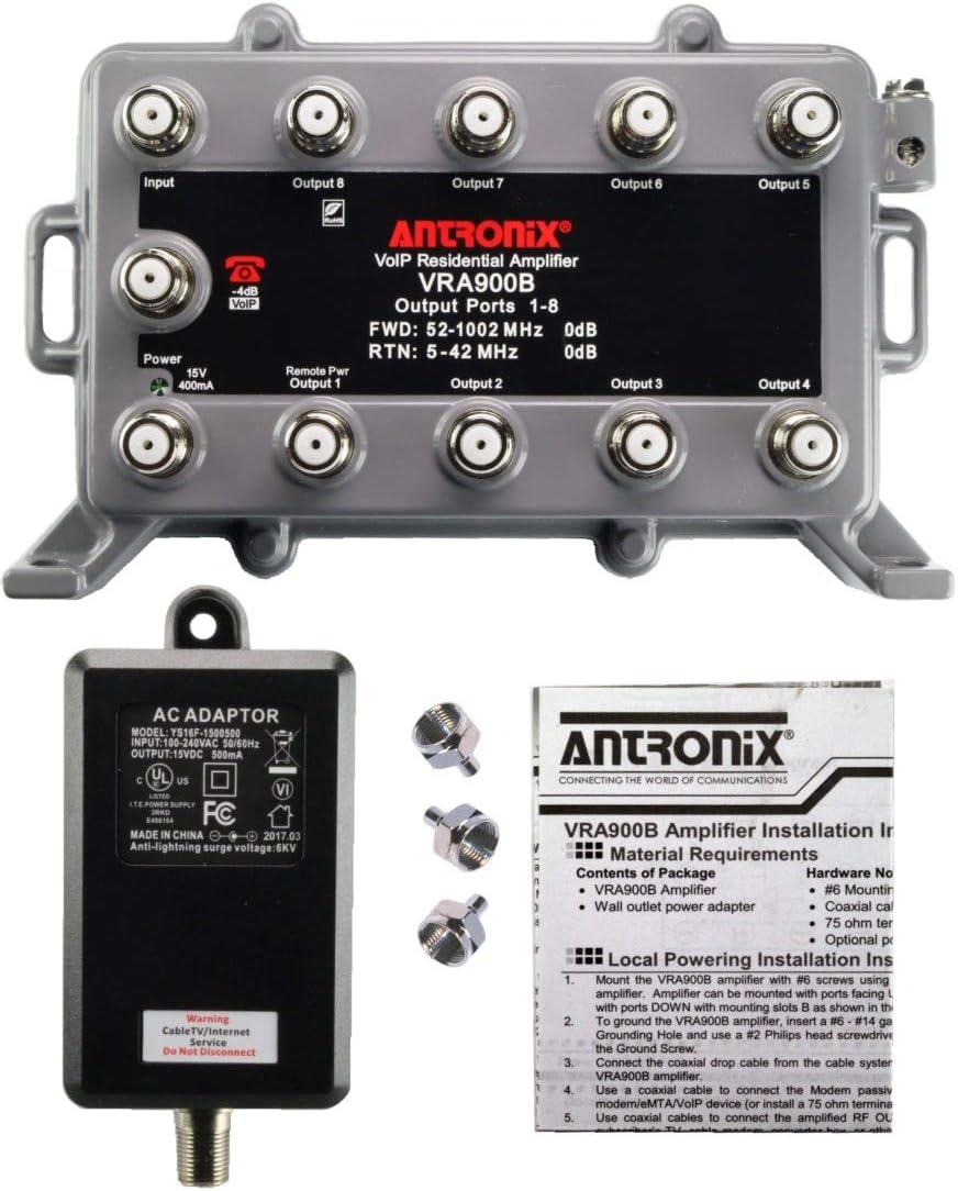 9 Port Bi-Directional Cable TV Splitter Signal Booster/Amplifier with Active Return Zero Signal Loss VoIP Telephone Bypass Port and F59 Terminators Antronix VR900B/AC