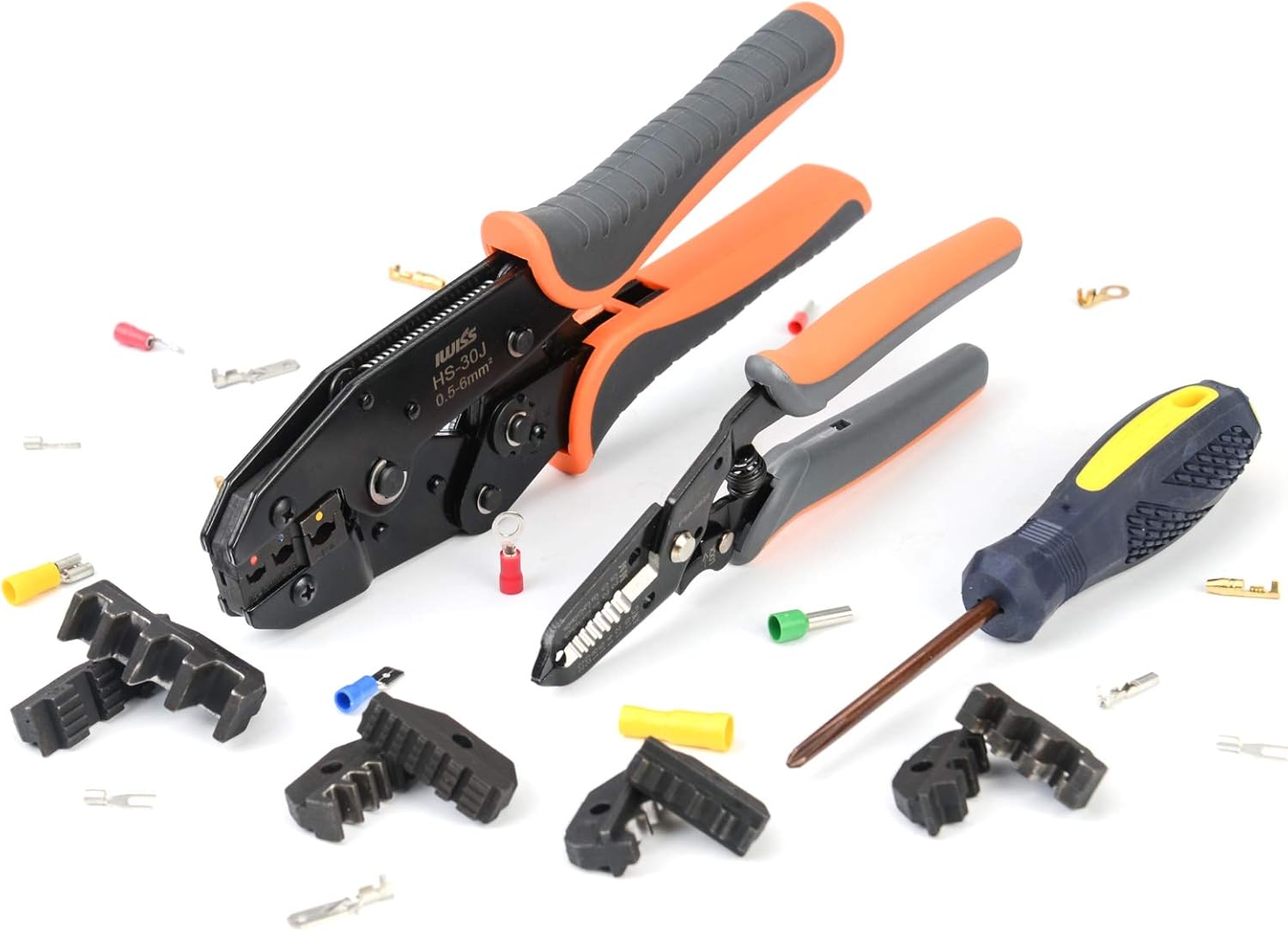IWISS Ratchet Wire Crimping tool kit w/ 5 Interchangeable Jaws,Wire Striper&Cutter for Insulated and Non-Insulated Terminals 0.5-35mm &sup2; Oxford bag packing