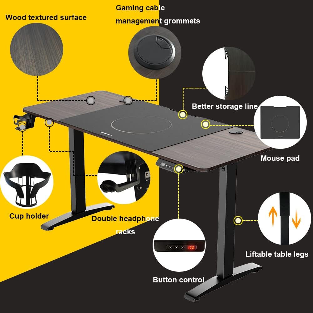 PRIJESSE Electric Lift Standing Desk, 55 x 28 Inch Height Adjustable Standing Desk, Spacious Desk, Desk with Memory Function and Overload Protection, Walnut Top, Home, Office, Easy to Assemble
