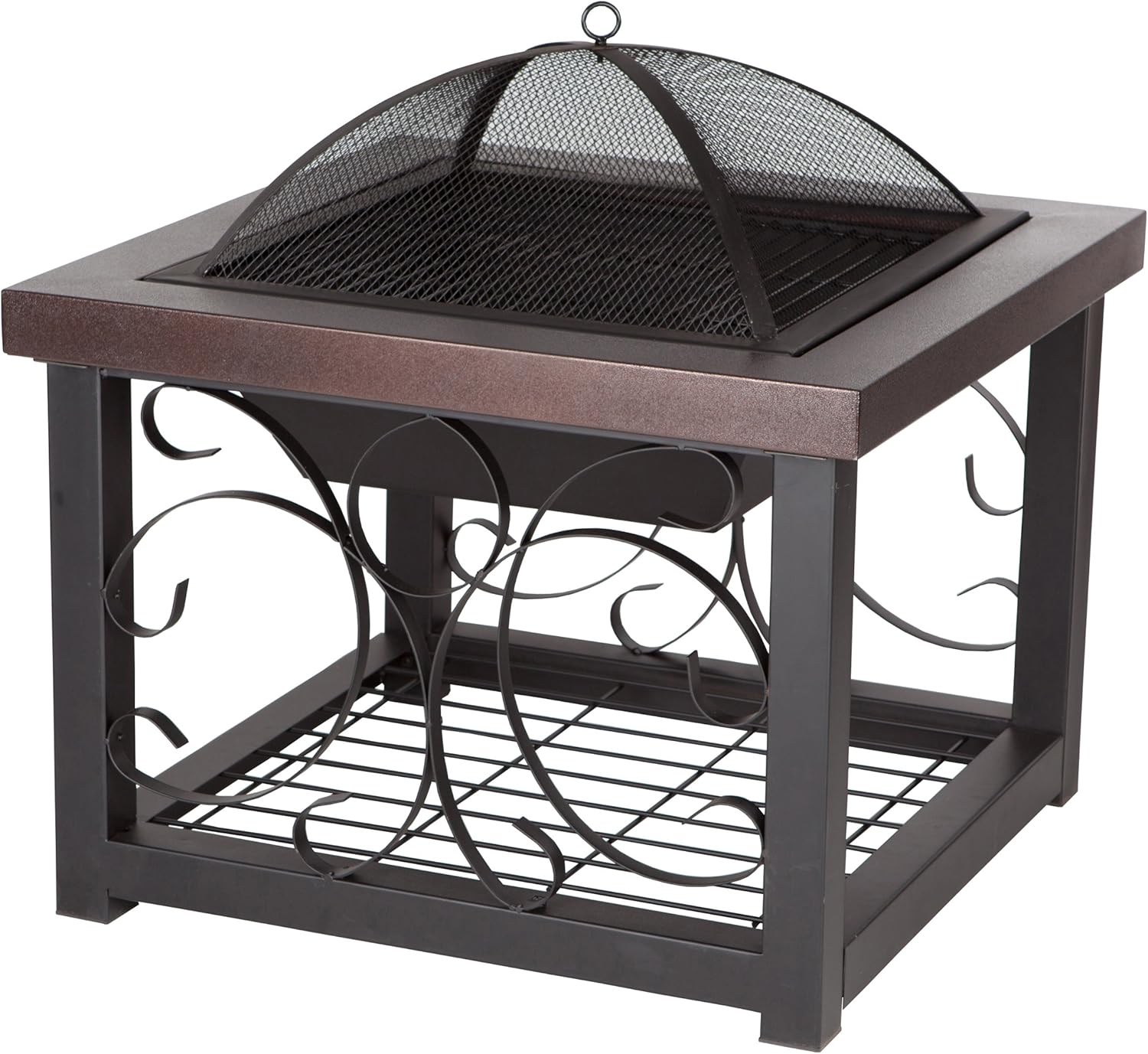 Fire Sense Hammer Tone Bronze Finish Cocktail Table Fire Pit | Wood Burning | Steel Mesh Spark Screen, Wood Grate, and Screen Lift Tool Included | Square Steel Fire Pit with Log Storage Rack |