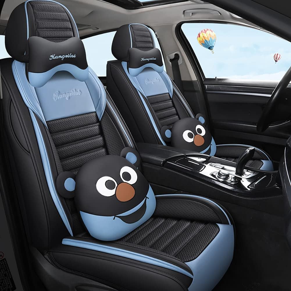 Cartoon Bears Seat Cover 5-Seater Full Leather Waterproof Car Seat Cover for Cars SUV Pick-up Truck Universal Fit Set(Black-Green)