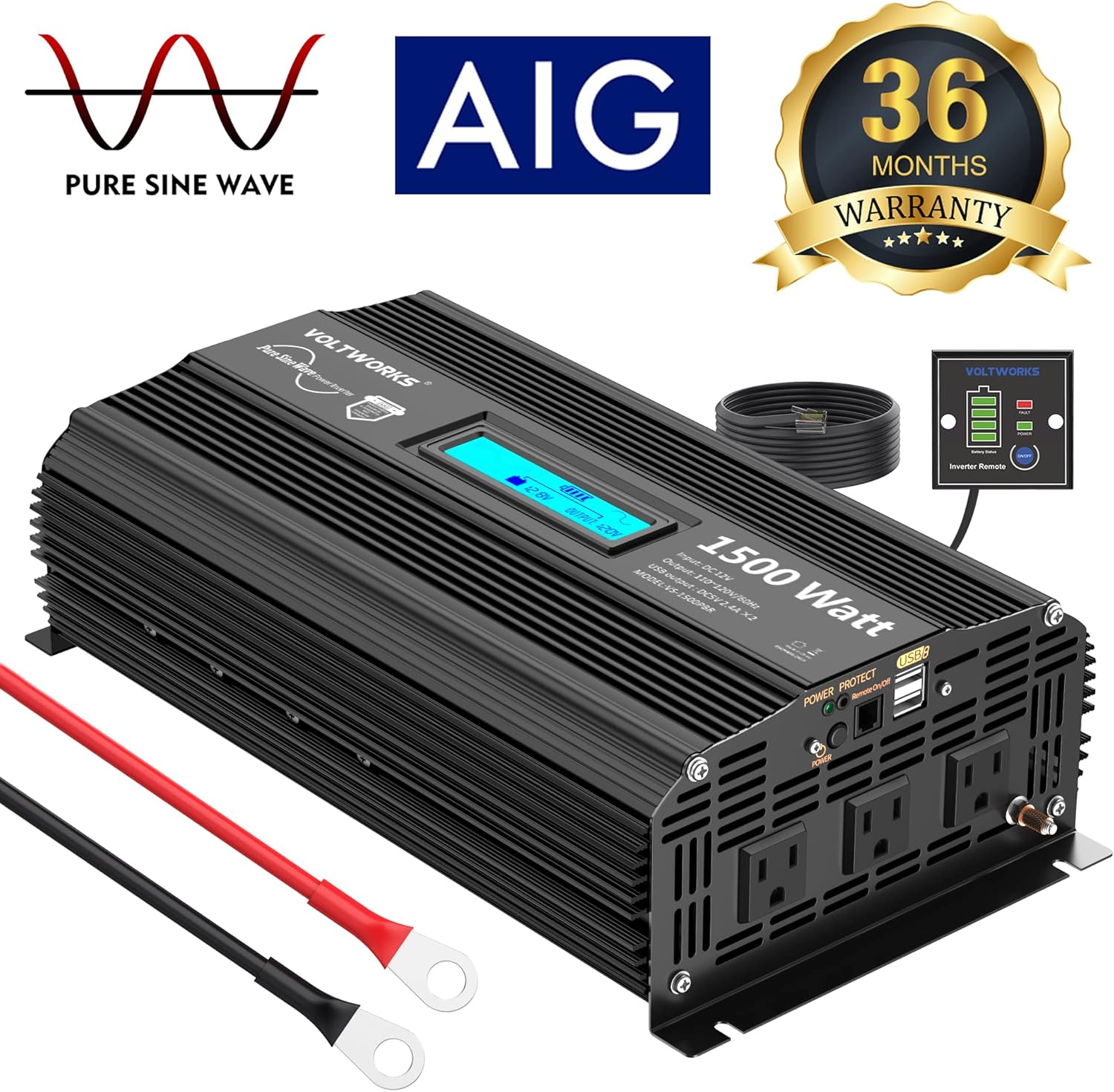VOLTWORKS 1500W Pure Sine Wave Power Inverter 1500 watt DC 12v to AC 110v-120v with 2x2.4A Dual USB Ports 3 AC Outlets and Remote Control LCD Display for Home RV Truck[3 Years Warranty]