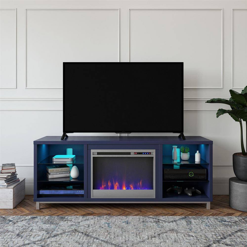 Ameriwood Home Cleveland Deluxe 64.75 in. Freestanding Electric Fireplace TV Stand for TVs Up to 70 in. in Navy, Blue