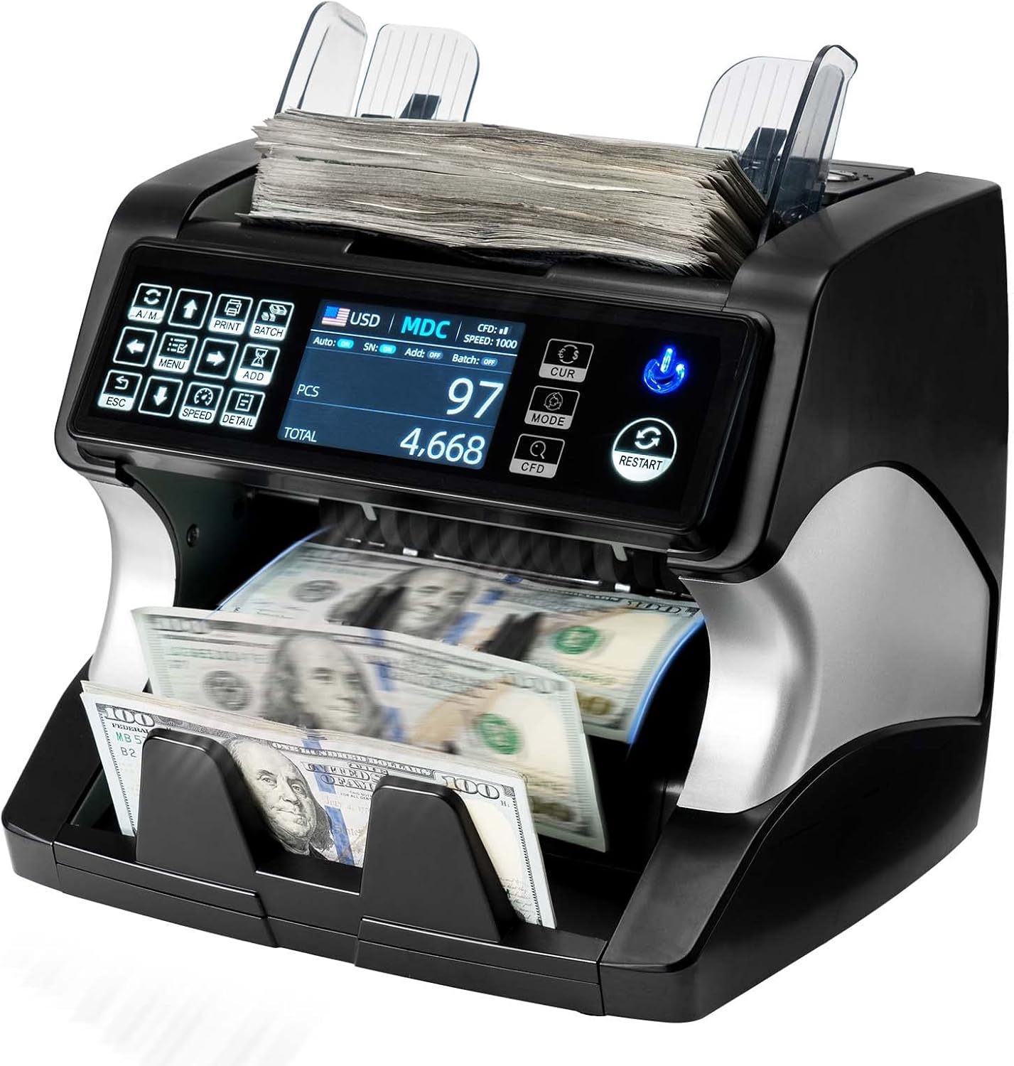 MUNBYN Bank Grade Money Counter Machine Mixed Denomination, Value Counting, Serial Number, Multi Currency, Printer Enabled 2CIS/UV/IR/MG/MT Counterfeit Detection Bill Value Counter for Small Business