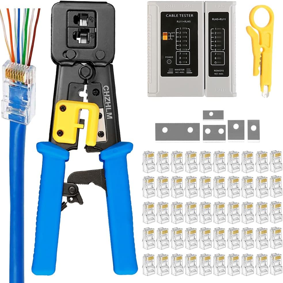 CHZHLM RJ45 Crimp Tool Pass Through Kit with 50PCS Connectors Cable Tester for Pass Through and Legacy Connectors 6P 8P Multi-Function Cable Cutter Cat5e Cat6 Crimping tool Network Wire Stripper