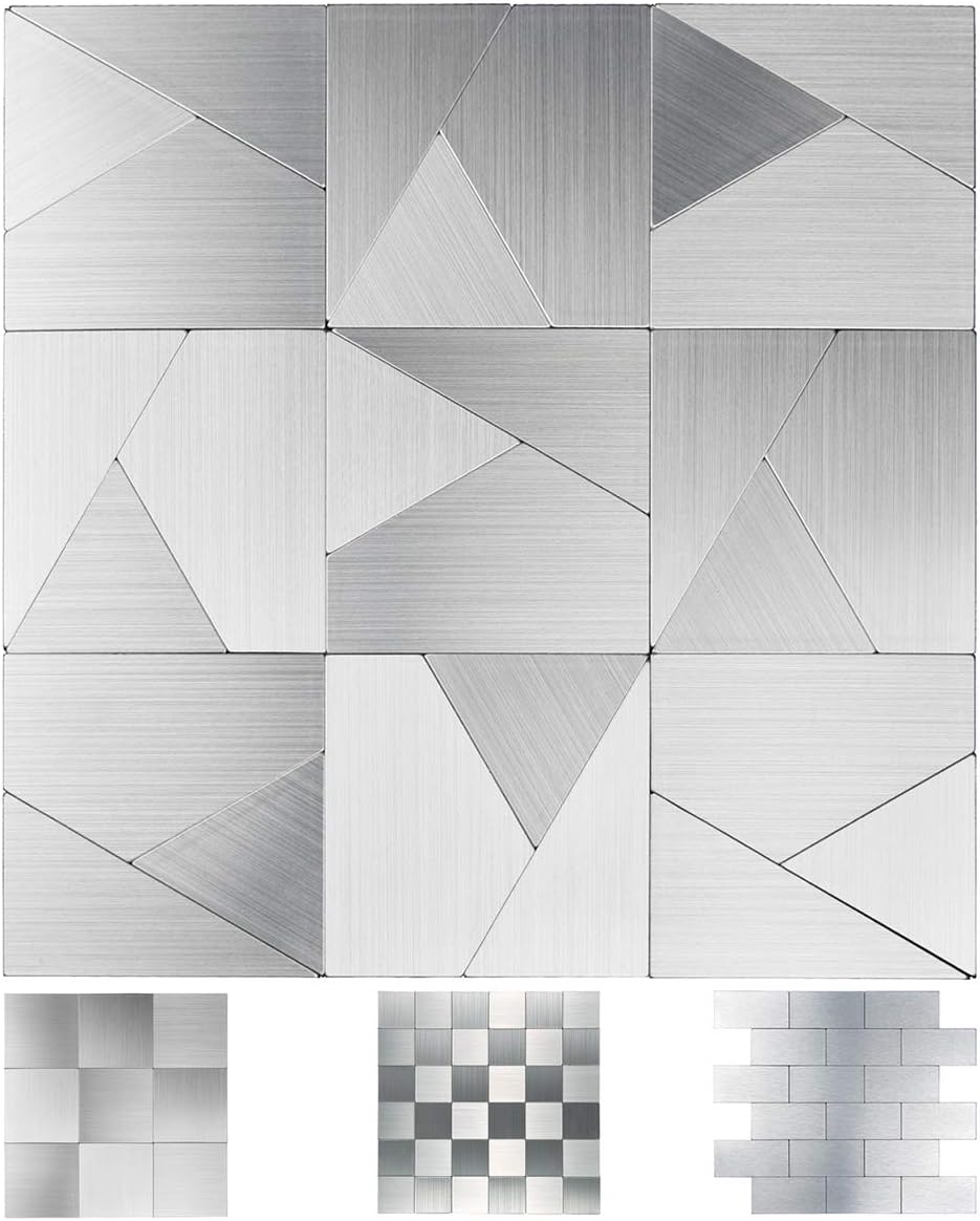 Art3d Peel and Stick Metal Backsplash Tile, Brushed Stainless Steel in Triangle Jigsaw, Pack of 10 Tiles 12