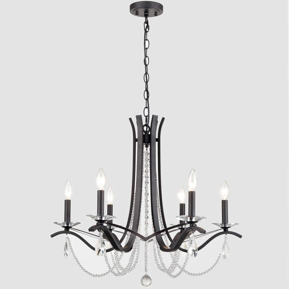 K5 6-Light Crystal Chandelier Lighting Raindrop Wrought Iron Chandelier Black Pendant Light