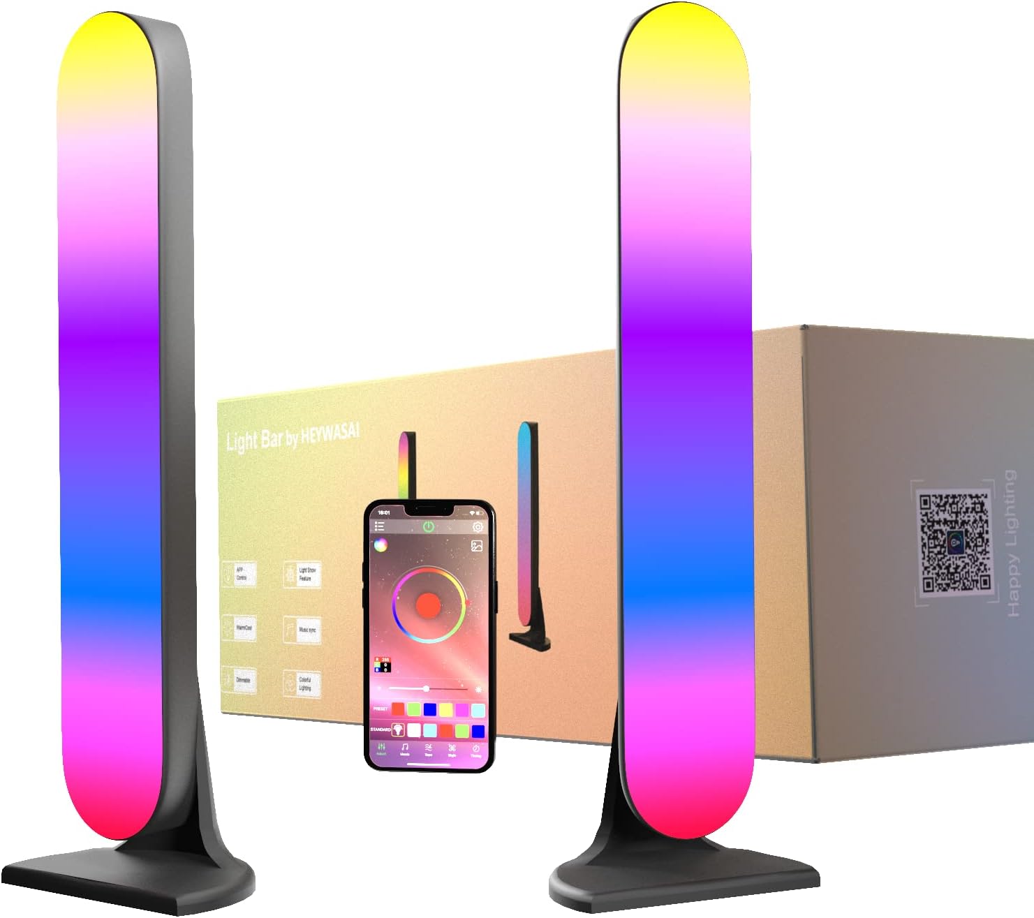 HEYWASAI Smart Led Light Bars, RGB Light Bar with Multiple Scene Modes, 16 Million Colors and Music Syn, Led Light Bar Control with App or Voice, Best for Gaming Setup, TV Room and Bedroom Décor. Pack of 2