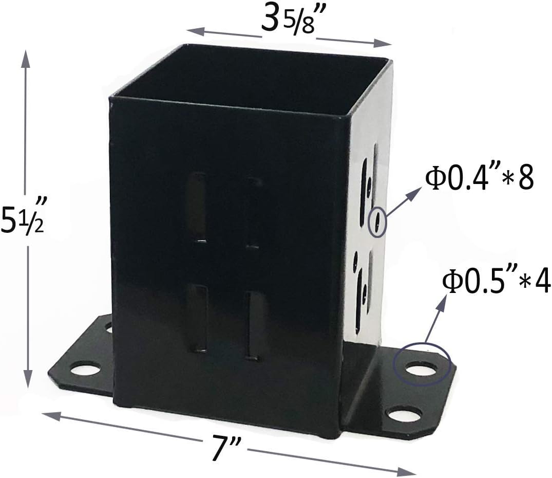 JH 4x4 Wood Fence Post Base Brackets | Heavy Duty Powder-Coated 13-Gauge Steel Anchor Support, Come with Screws and Concrete Anchors (4 Pack)