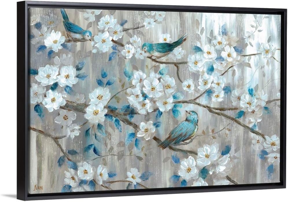 Teal Birds Black Float Frame Canvas Art, Bird Artwork