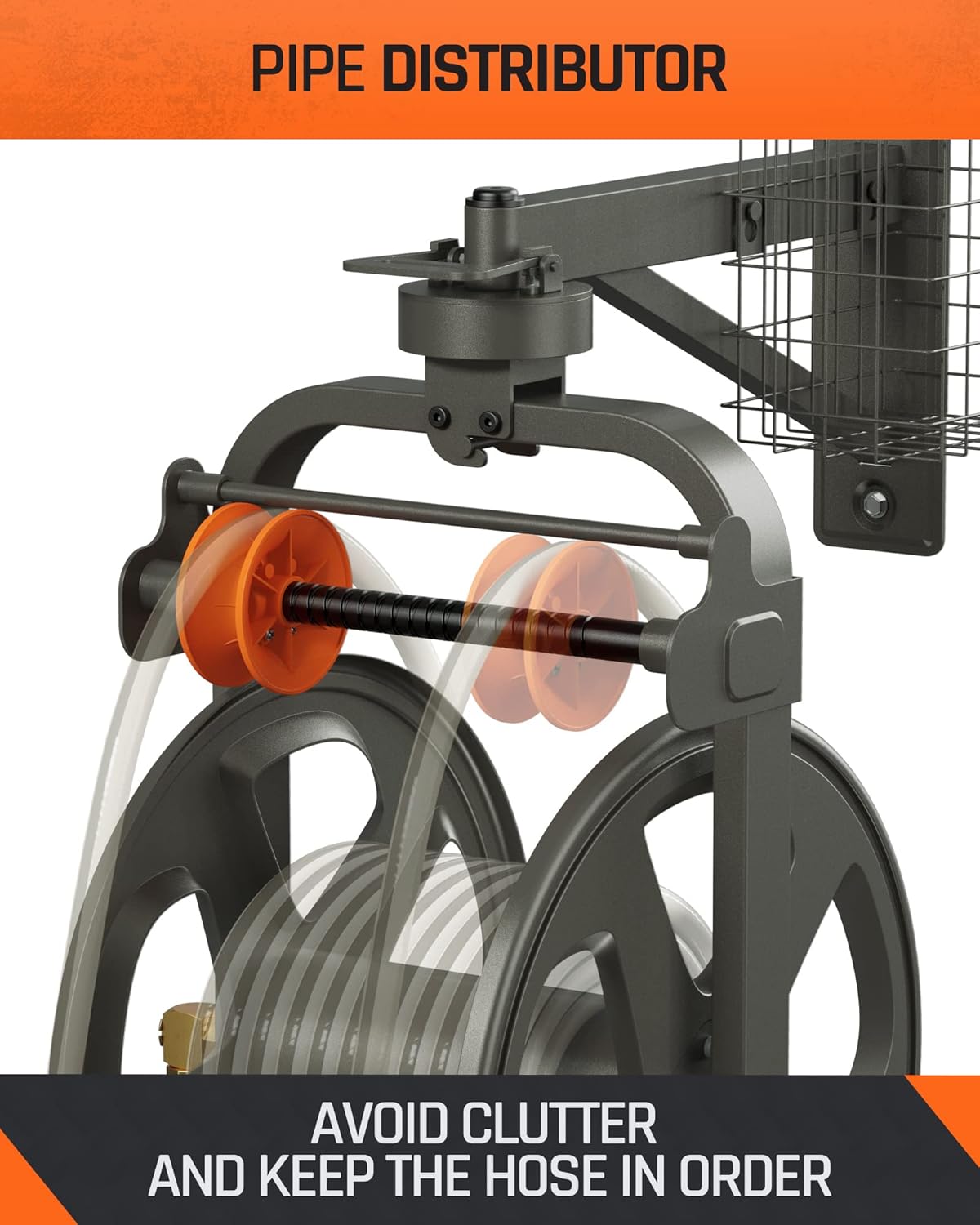 Garden Hose Reel, FIILPOW Hose Reel with Pipe Distributor, Holds 150 FT of 5/8-Inch Hose, Lock Mechanism Design, 360&deg;Rotation & Leakproof Metal Heavy-Duty Wall Mounted Hose Reel with Detachable Basket