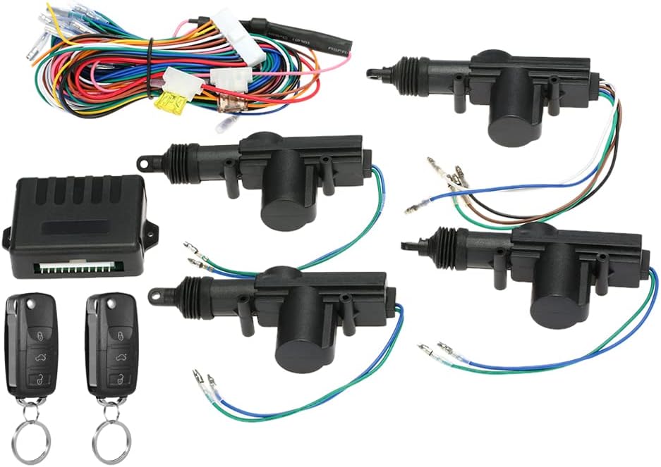 Universal Car Door Lock 4PCS,Geevorks 12V Door Lock Actuator Keyless Entry System with 2 Remote Controller (Remote 50-80m),Central Control Locking Kit with Trunk Release Button
