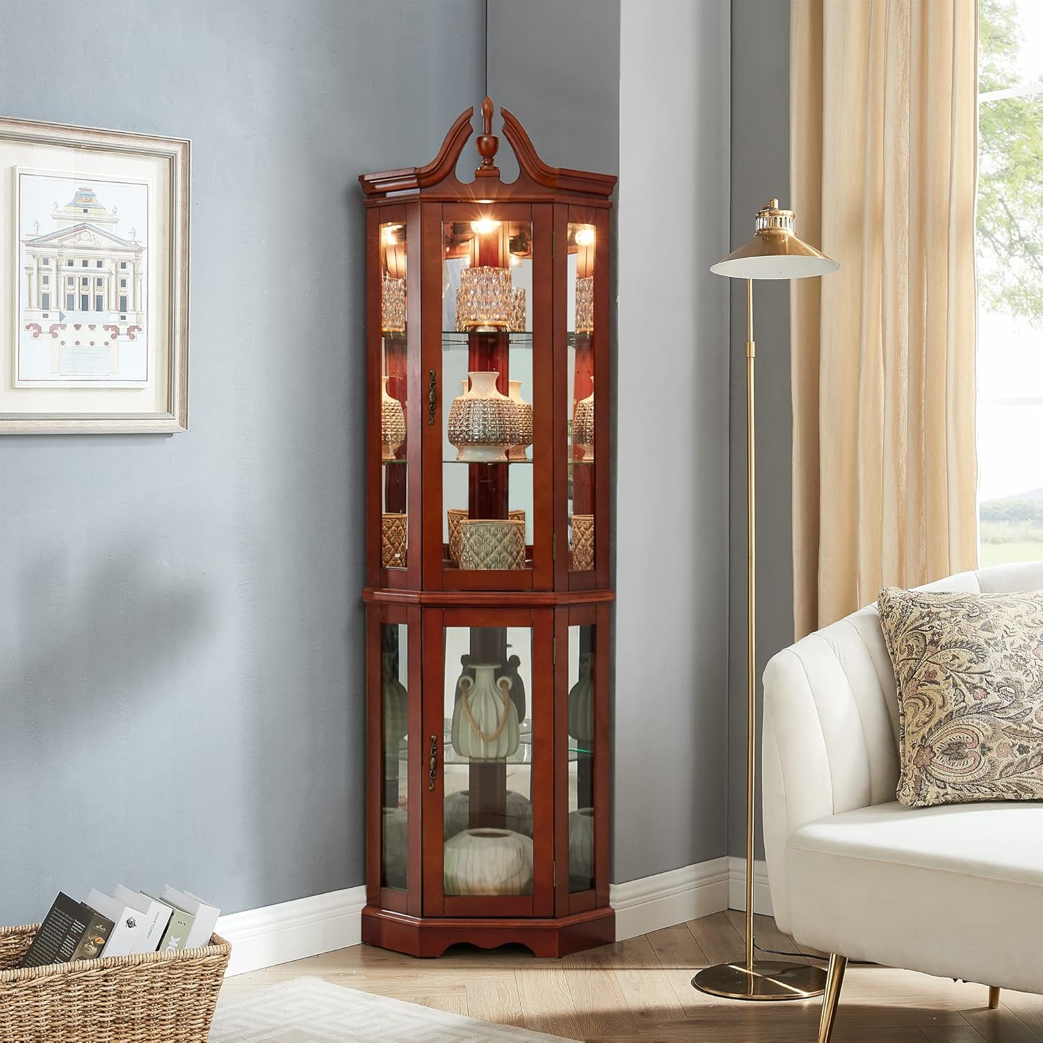 GOOD & GRACIOUS Corner Curio Cabinet with Finish, Adjustable Glass Shelves, and Lights, Walnut