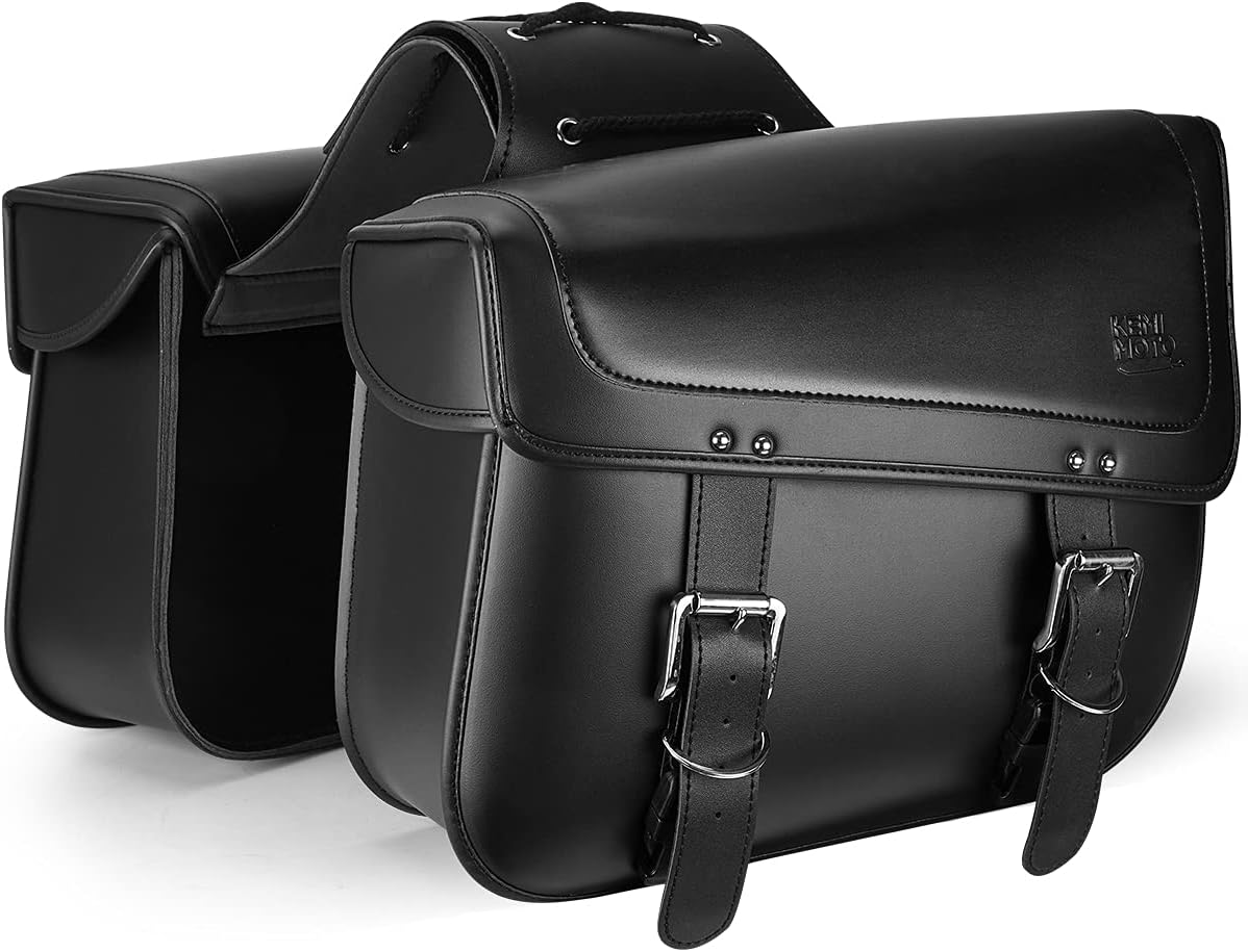 Motorcycle Saddlebags, Side Saddle Bags Leather PU compatible with vulcan, shadow, sporster vt1100 Throw Over Saddle Bag Black Universal Motorcycle Accessories, Black