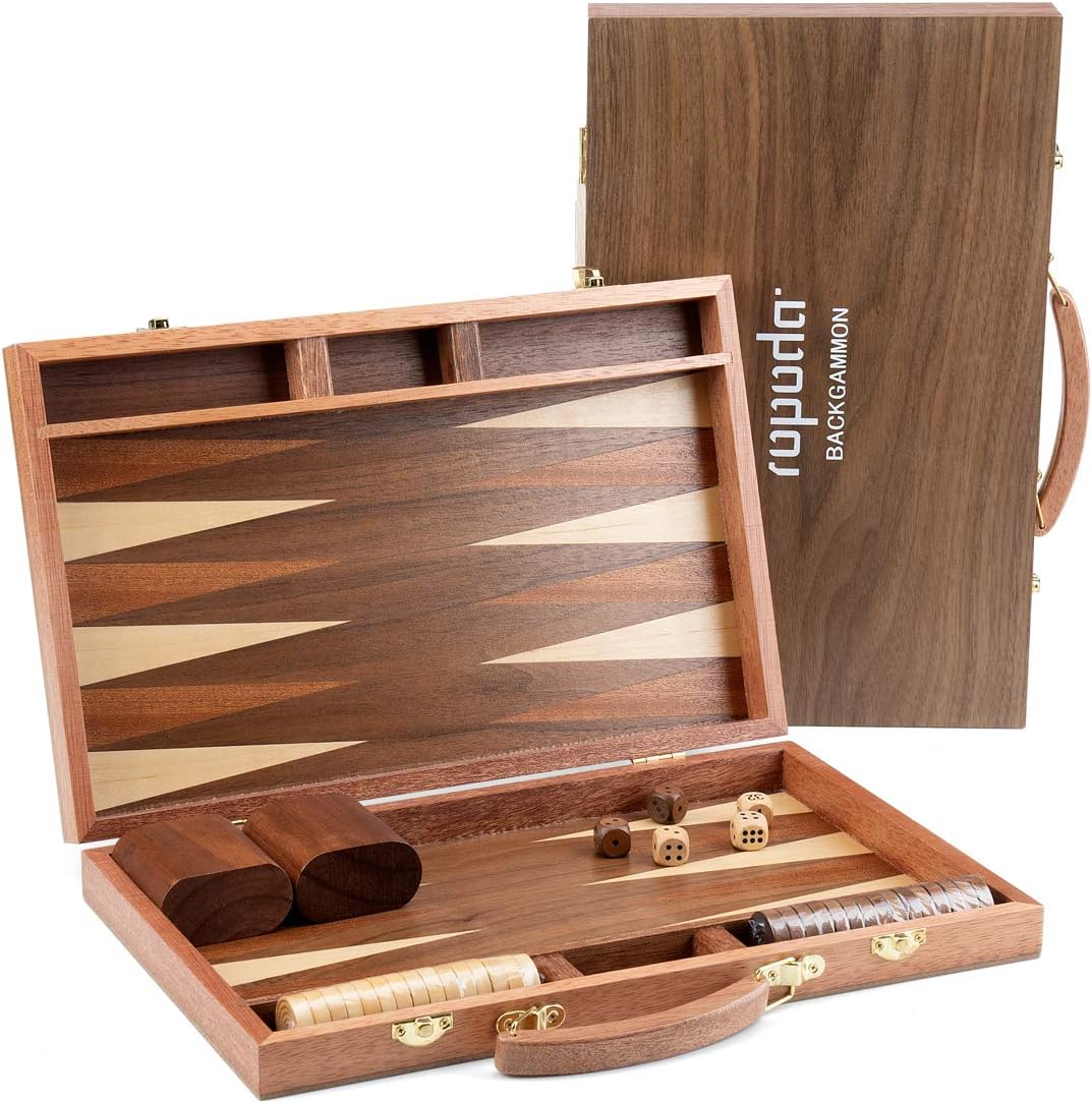 ropoda Sapele Wood Backgammon Board Game Set (15 Inches) for Adults and Kids - Classic Board Strategy Game - Portable and Travel Backgammon Set with Wooden Playing Pieces and Accessories