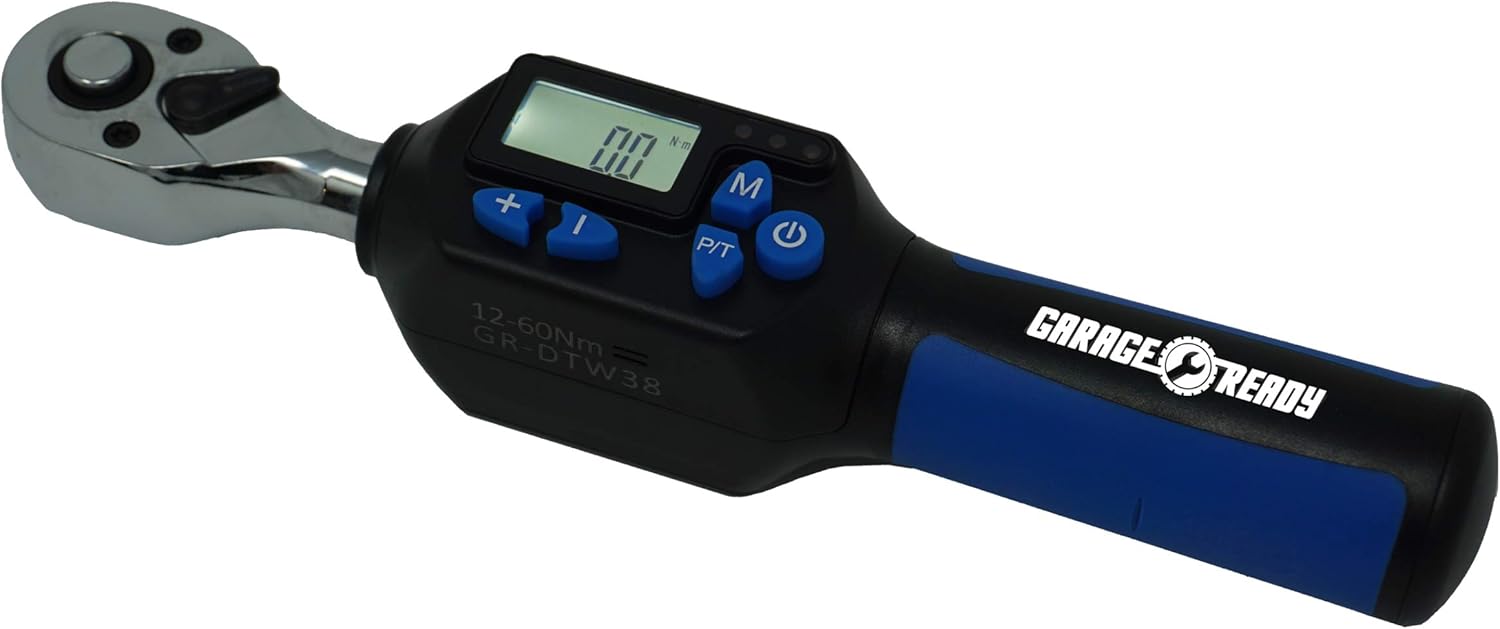 Garage Ready Digital Torque Wrench - (9 to 44 ft-lbs) (12 to 60 Nm) +/- 2% Accuracy with Limit Buzzer & LED Flash Notification and Peak Trace Tracking (3/8-Inch Drive)