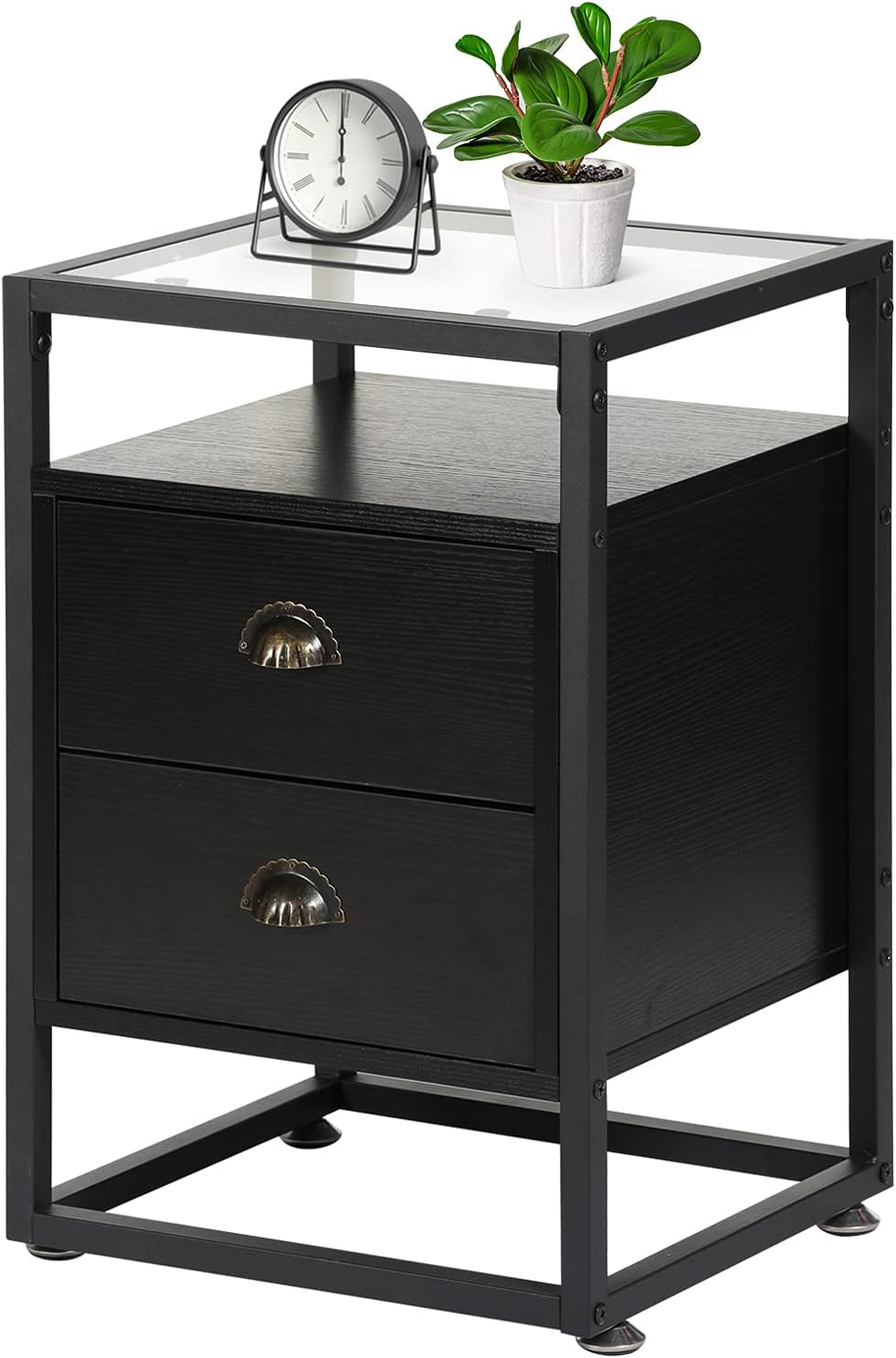 VECELO Nightstand, Tempered Glass End Table, Cabinet with Drawer and Rustic Shelf Decoration in Living Room,Bedroom,Lounge, Brown+Black