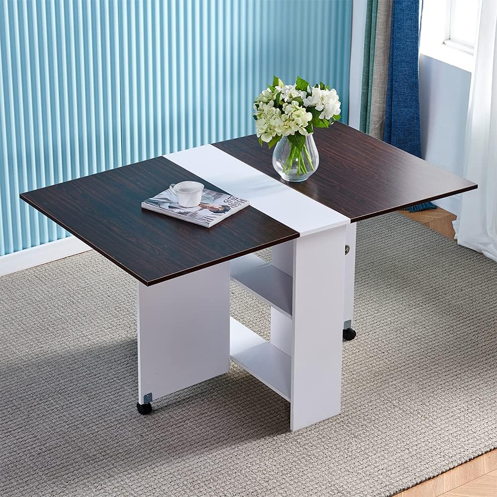 Folding Dining Table,4HOMART YVONNE&F.L.A.M. Drop Leaf Dining Kitchen Table Folding Desk with 2 Wheels & 2 Storage Shelves Wooden Mobile Drop Leaf Kitchen Console Table Extendable Desk for Small Space