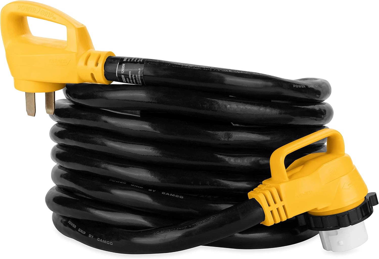 Camco 25' PowerGrip Cord with 50M/50F-90 Degree Locking Adapter | Allows for Easy RV Connection to Distant Power Outlets | Built to Last (55574) , Black