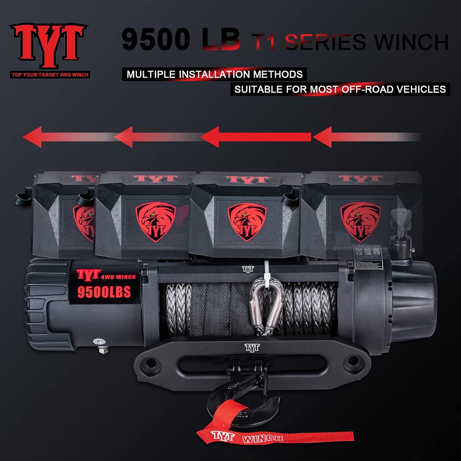 TYT T1 Series Winch 9500 lb. Load Capacity Electric Winch, 12V Winch with Synthetic Rope, Waterproof IP67 Truck Winch with Hawse Fairlead, with 2 Wireless Handheld Remote and Wired Handle Recovery