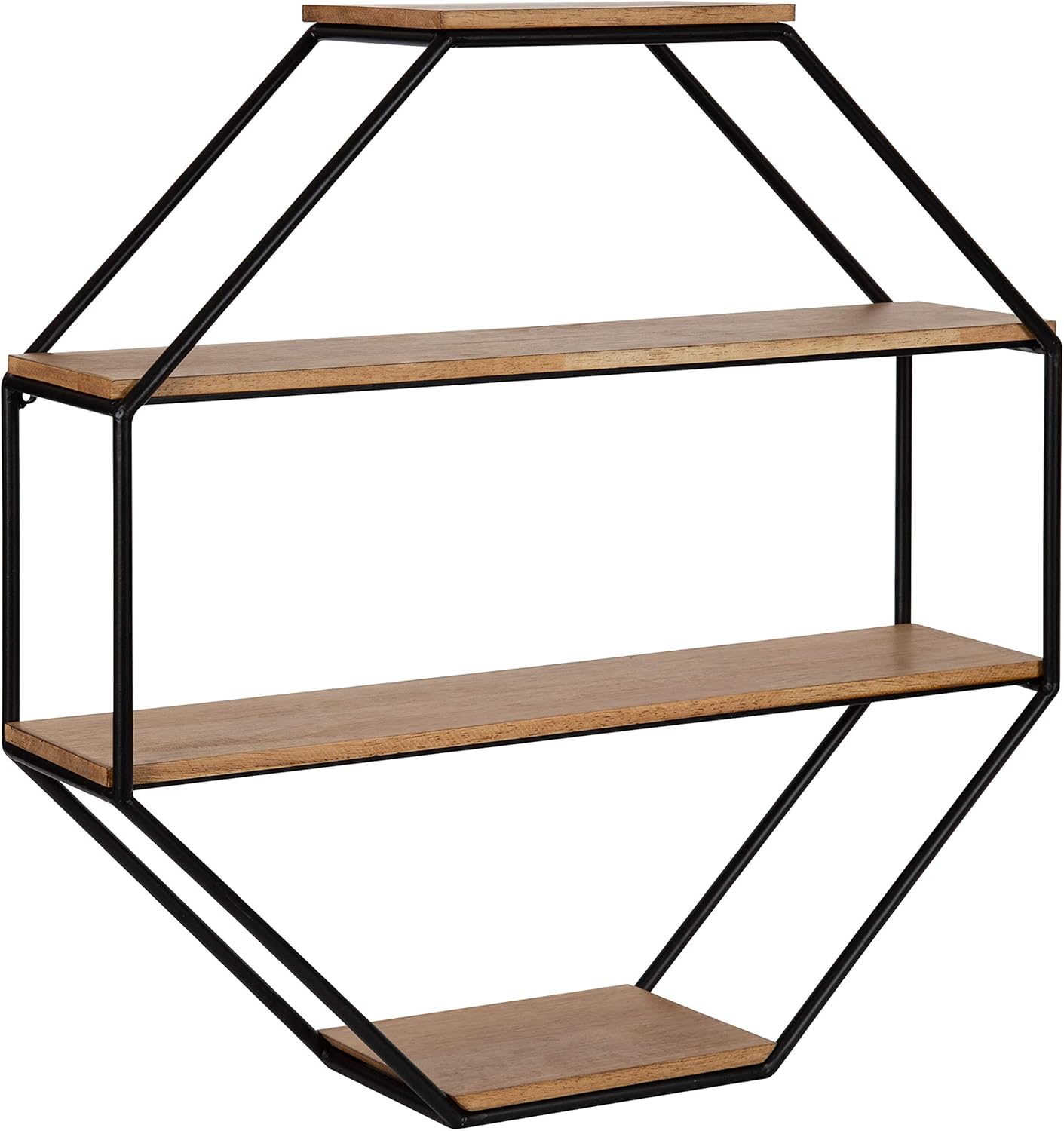 Kate and Laurel Lintz Large Octagon Shaped Floating Wood Book Shelves for Decorative Wall Display, Black Metal Frame with Rustic Brown Shelves