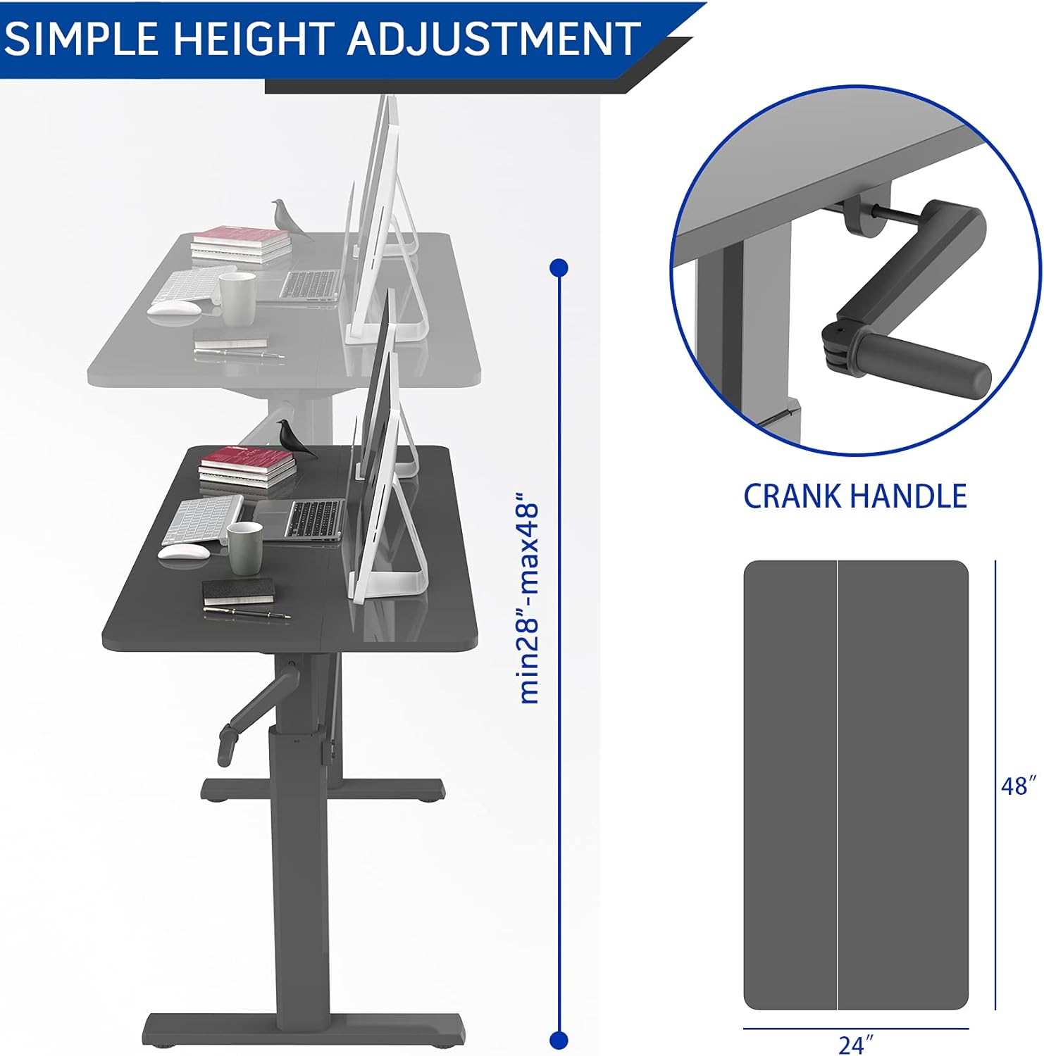 imlib Standing Desk, Height Adjustable Stand up Desk with Foldable Hand Crank, Manual Sit Stand Desk Workstation for Home Office Large 47