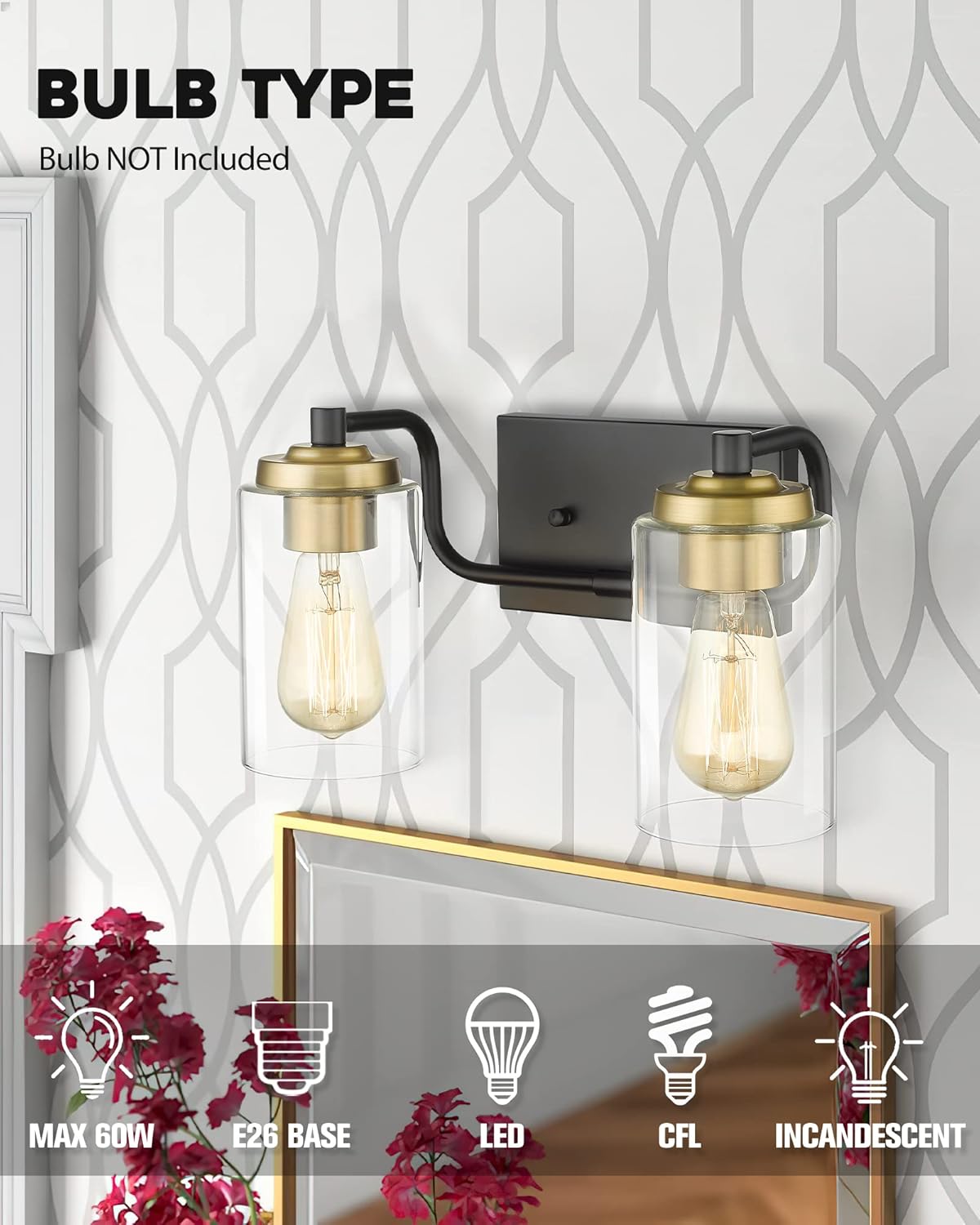 TOUNISAR Vintage Bathroom Vanity Light Fixtures - 2-Light Farmhouse Vanity Lighting with Clear Glass Shade, Bathroom Lights Over Mirror in Matte Black and Brushed Brass Metal Finish, V9025-2 BK+BR