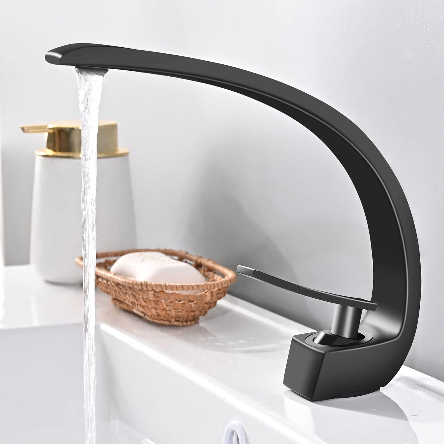 Matte Black Bathroom Faucet, Modern Single Hole Bathroom Faucet, Bathroom Sink Faucet, Basin Mixer Tap Commercial, Lavatory Vanity Sink Faucet with Supply Hose, Solid Brass.
