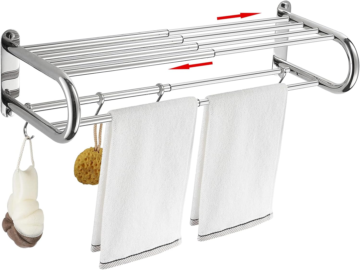 BESy Stainless Steel Towel Racks with Shelf, Adjustable 15 to 26.8 Inch Bathroom Shelf with Towel Bar Rod and Hooks for Wall Mount, Multifunction Double Towel Holder Hotel Style,,Polished Chrome