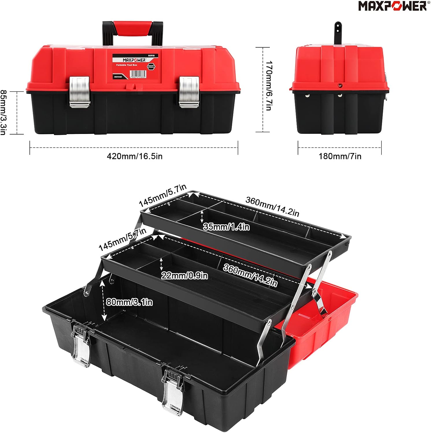 MAXPOWER 17-Inch Tool Box, Three-Layer Folding Plastic Storage Toolbox, Multi-Function Organizer with Tray and Dividers Pack of 2