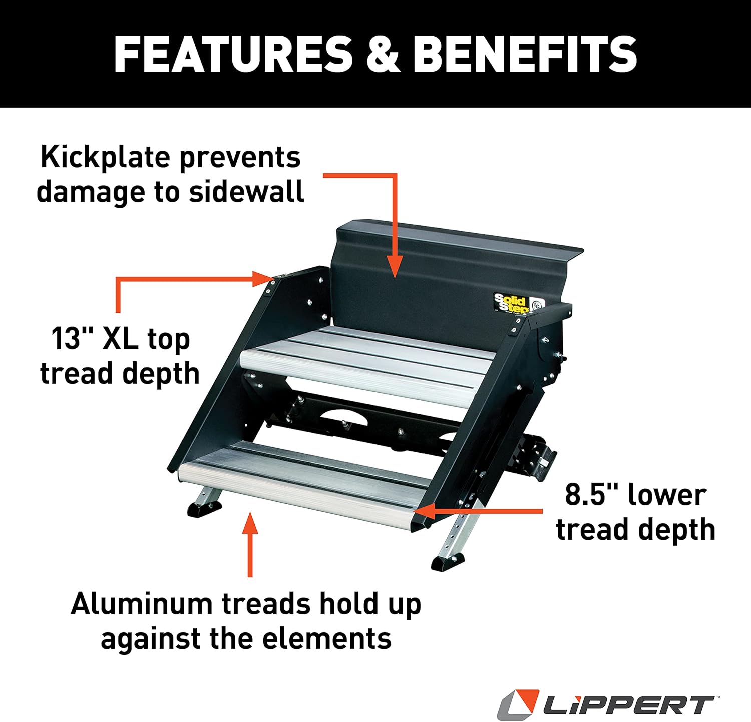 Lippert Components 733931 Solid Step Quad Step for RV and Travel Trailer Entry Doorway Black, 26-inch
