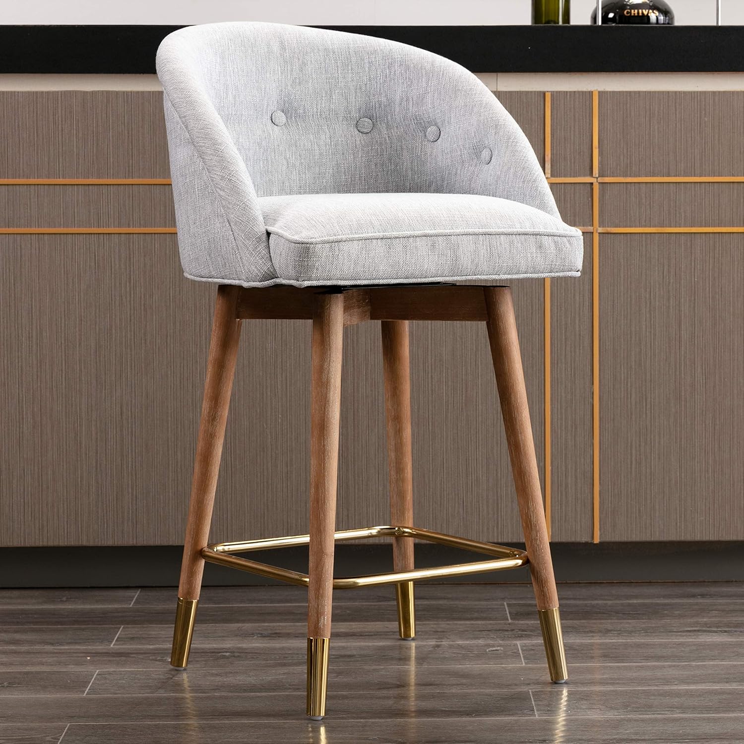 HNY 26 Inch Farmhouse Counter Height Bar Stool with Back, Retro Mid Century 26 Linen Kitchen Island Barstool, Grey